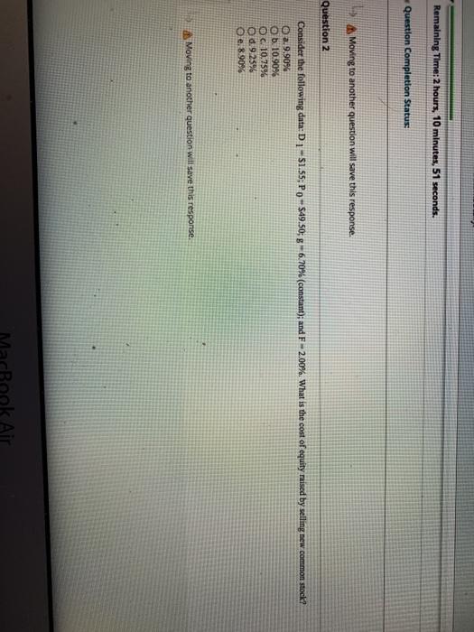  Remaining Time: 2 hours, 10 minutes, 51 seconds. Question Completion Status: