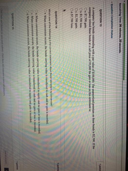  Remaining Time: 36 minutes, 20 seconds. Question Completion Status: QUESTION 13