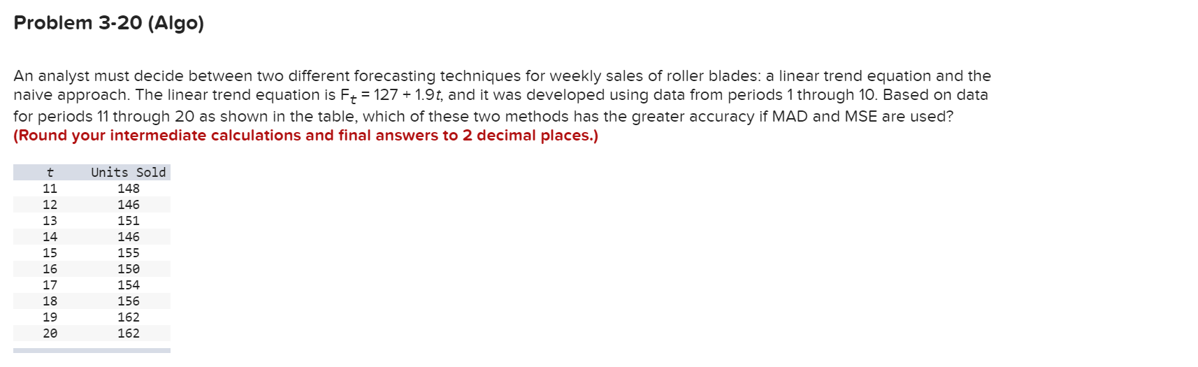 Problem 3-20 (Algo) An analyst must decide between two different forecasting