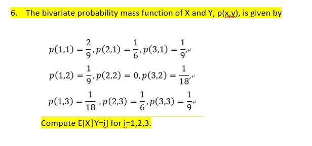 6. The bivariate probability mass function of X and Y, p(x,y),