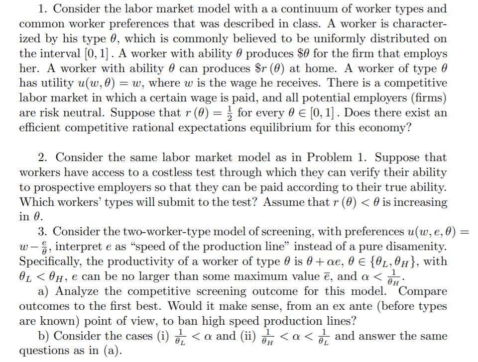 For 1) I found that an equilibrium exists for Wage = 1/2