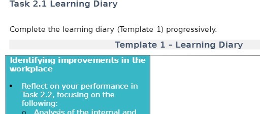  Task 2.1 Learning Diary Complete the learning diary (Template 1) progressively.