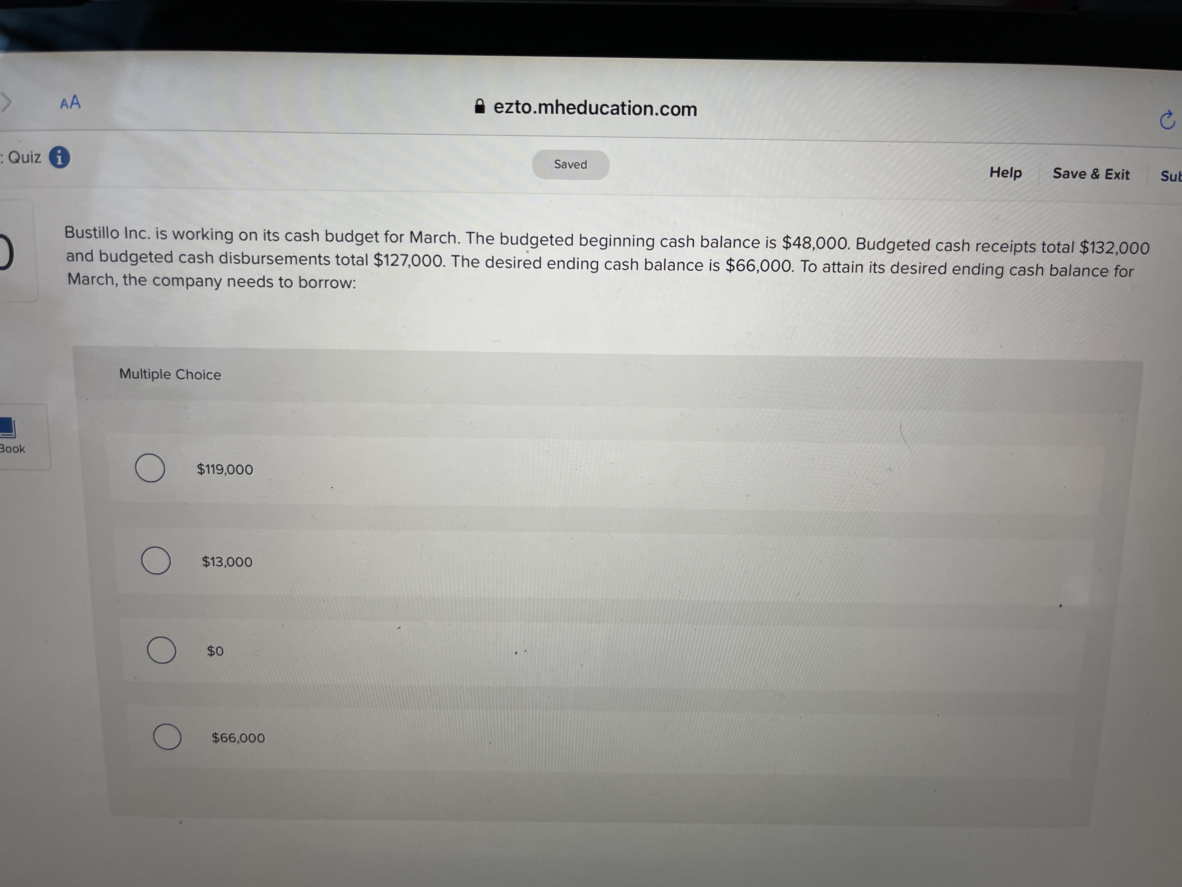 AA ^ ezto.mheducation.com C Quiz i Saved Help Save & Exit