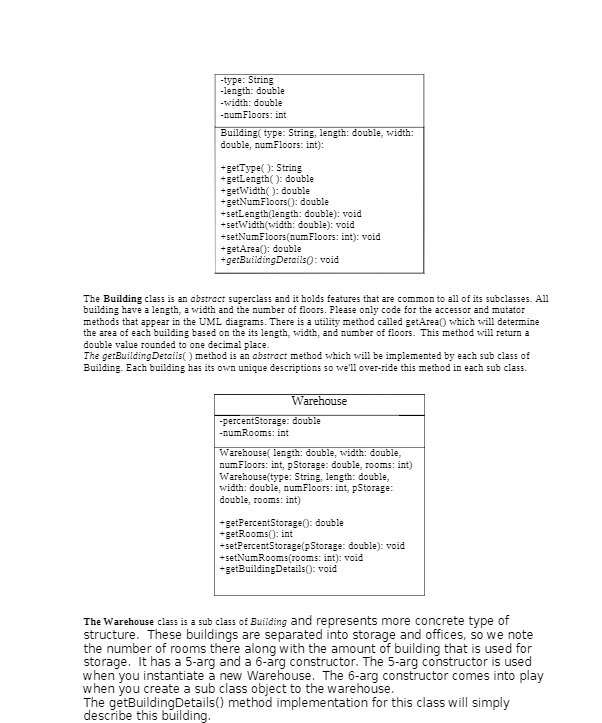 -type: String -length: double -width: double -num Floors: int Building (