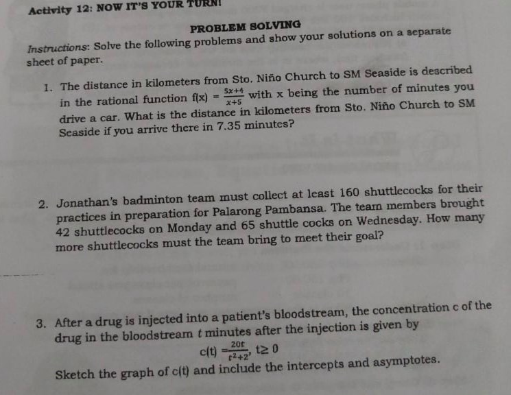 Activity 12: NOW IT'S YOUR TURNI PROBLEM SOLVING Instructions: Solve the