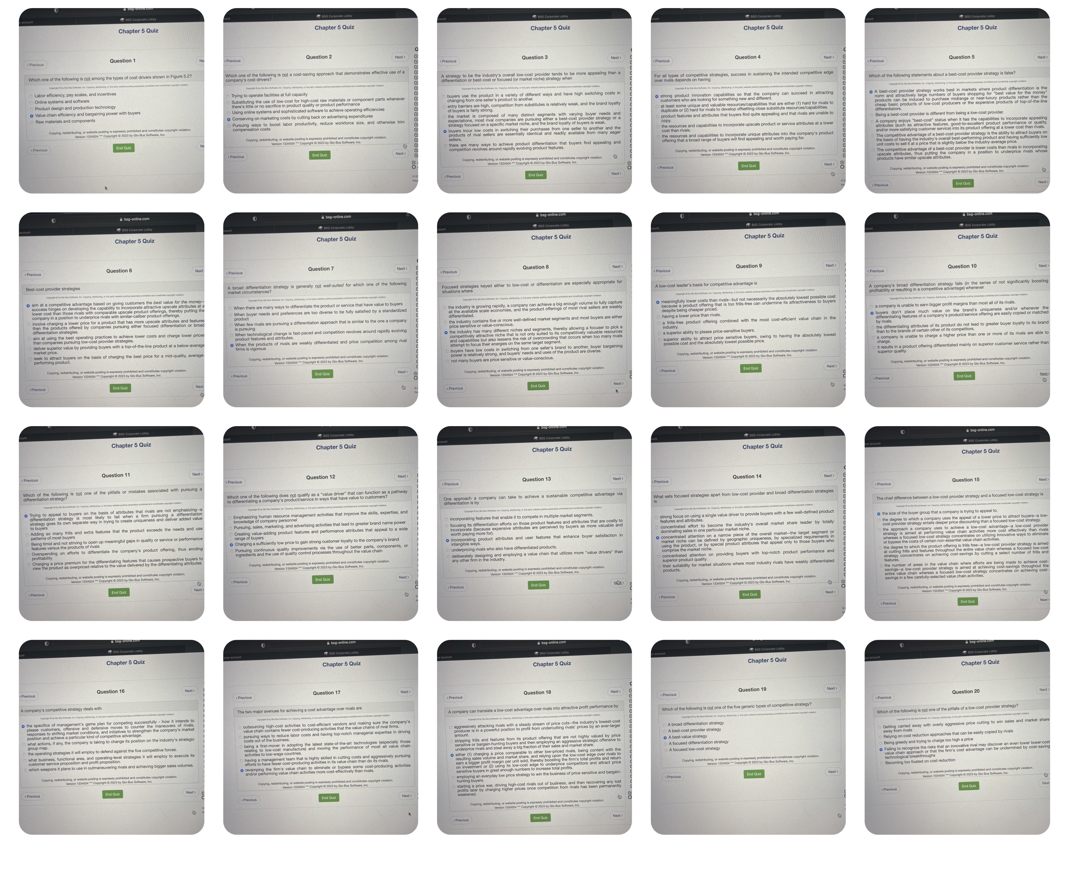 Please answer all 20 questions below Chapter 5 Quiz Chapter 5 Quiz