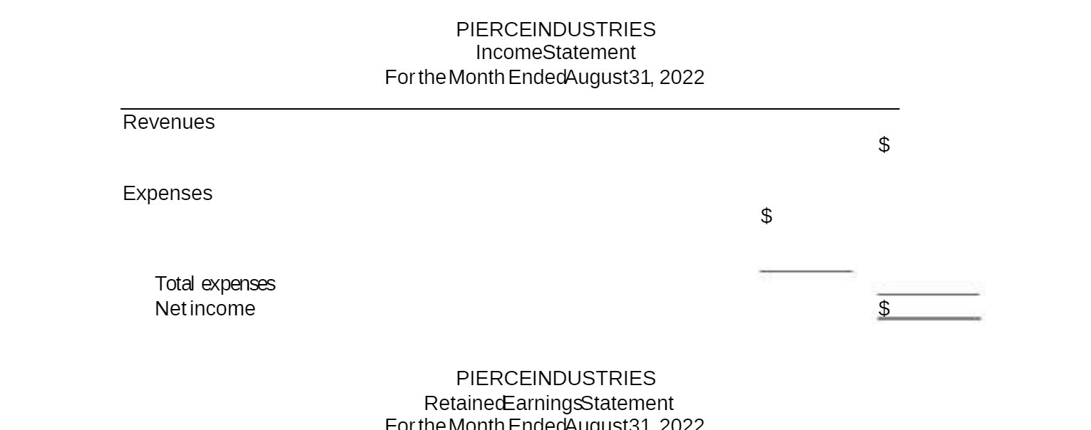 Revenues Expenses Total expenses Net income PIERCE-INDUSTRIES Incomestatement For the Month EndedAugust31,