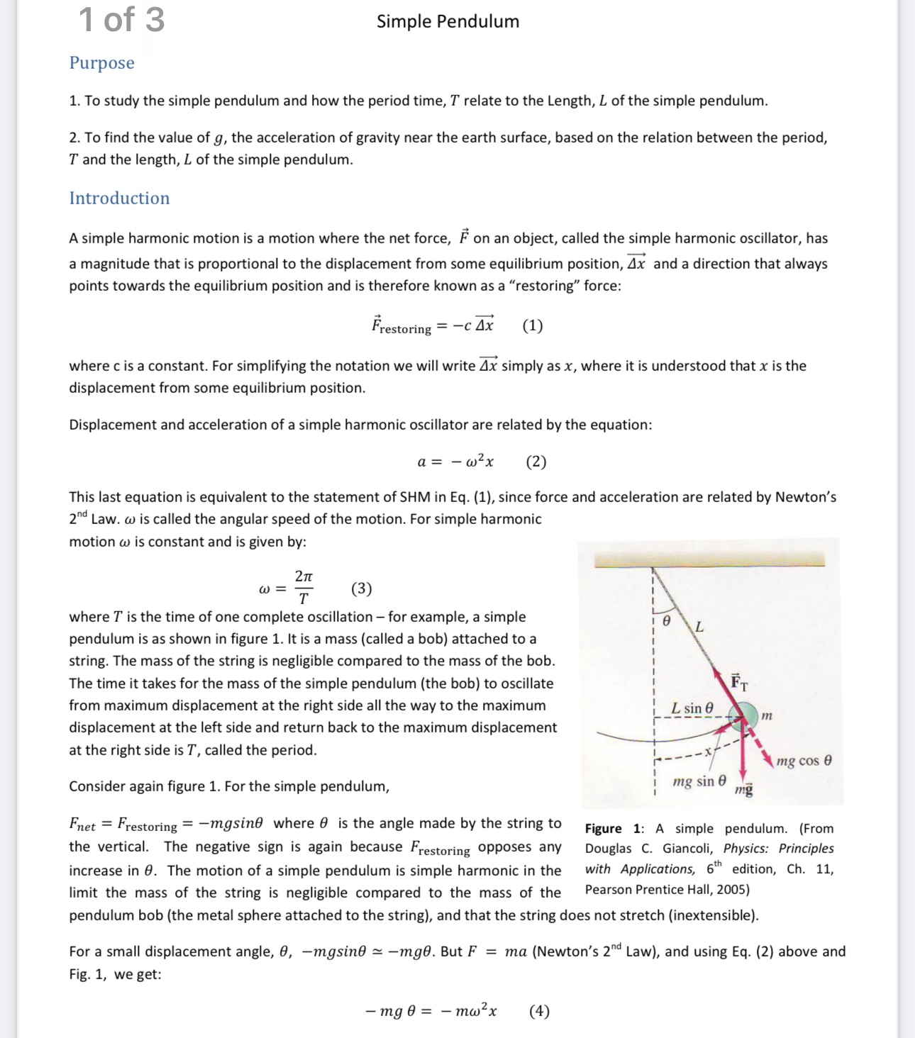 1 0f 3 Simple Pendulum Pu rp 050 1. To study