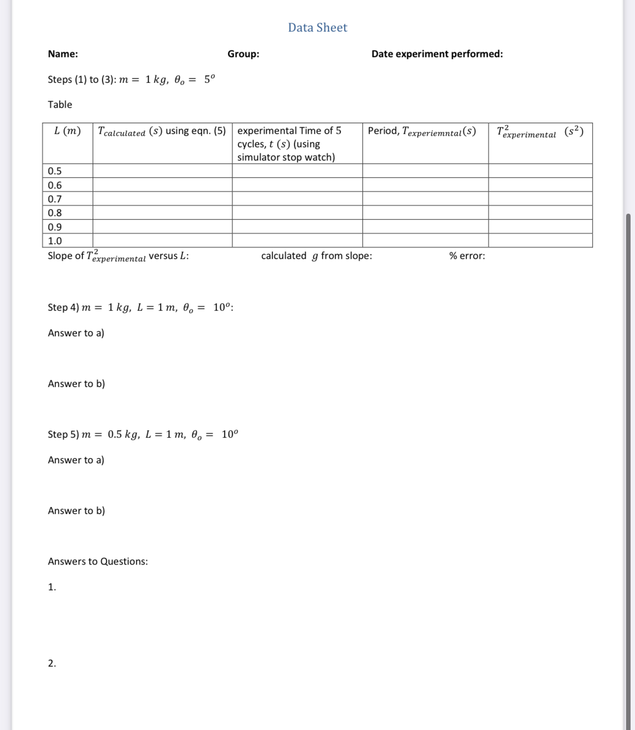 the simple pendulum and how the period time, T relate to the