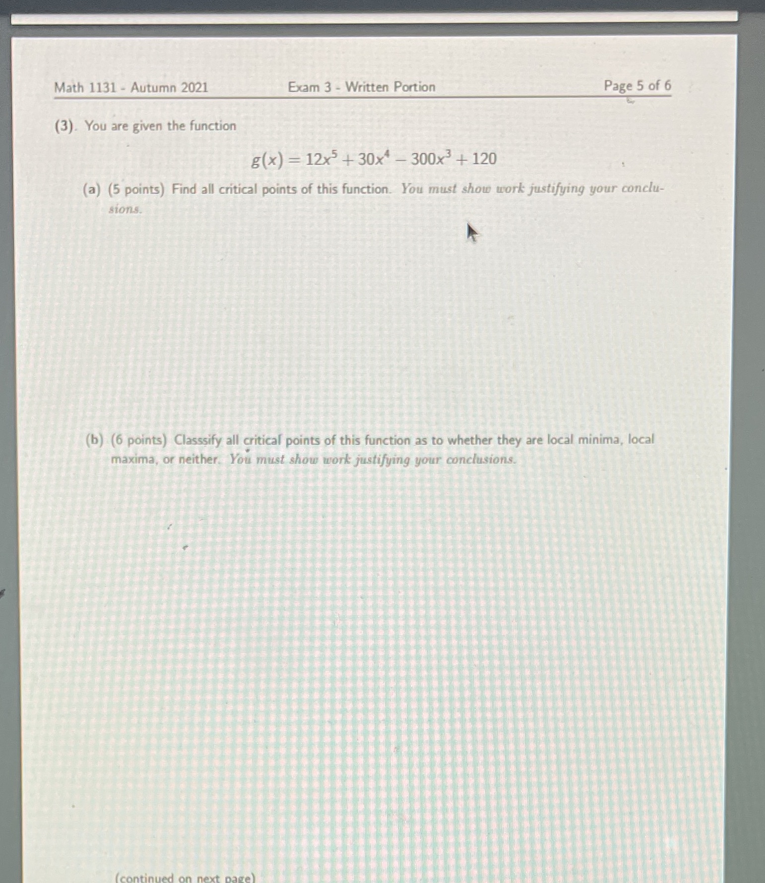  Math 1131 - Autumn 2021 Exam 3 - Written Portion Page