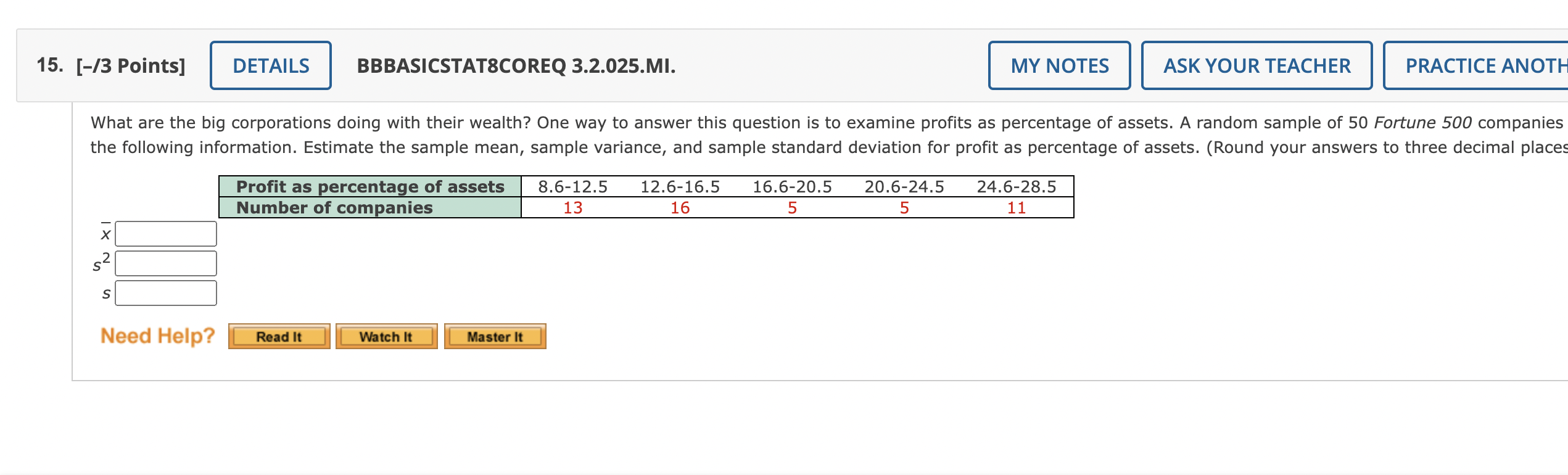  15. [-I3 Points] DETAILS BBBASICSTATBCOREQ 3.2.025.MI. MY NOTES ASK YOUR TEACHER