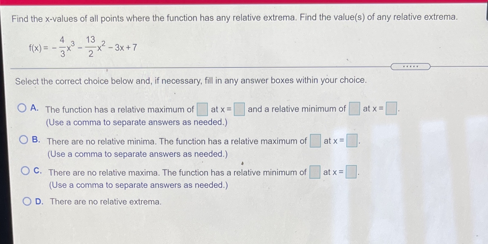  Find the x-values of all points where the function has any
