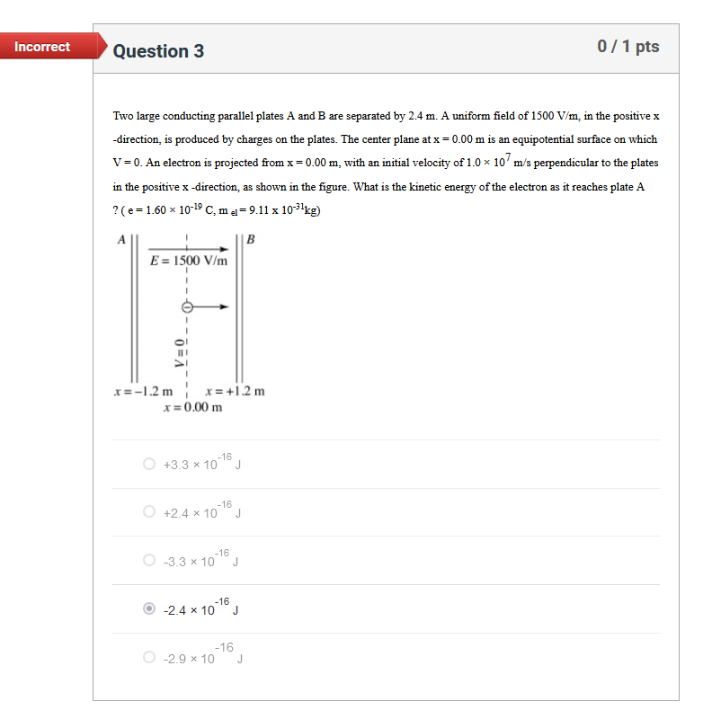  Incorrect Question 3 0 / 1 pts Two large conducting parallel