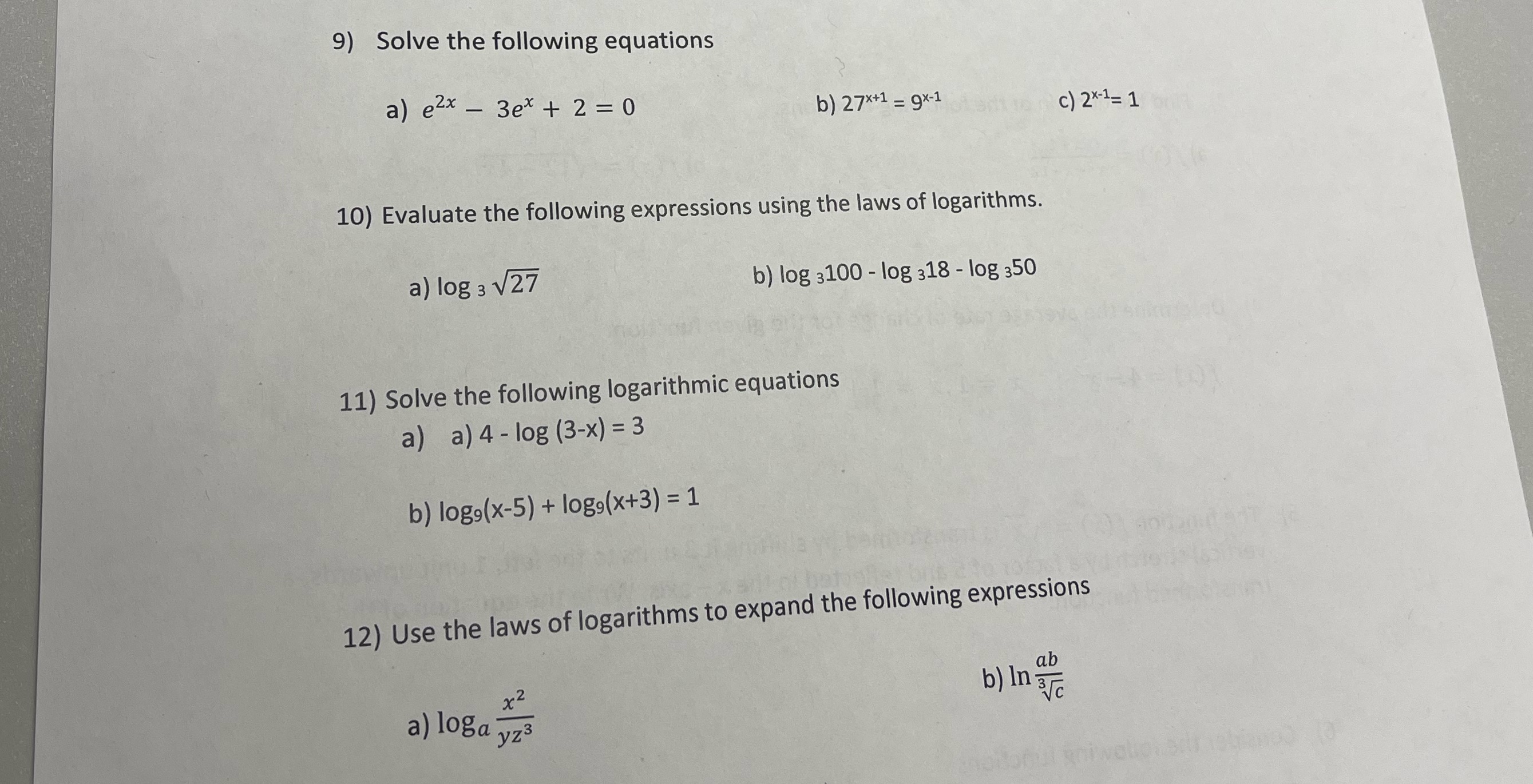 9) Solve the following equations a) e2x - 3ex + 2