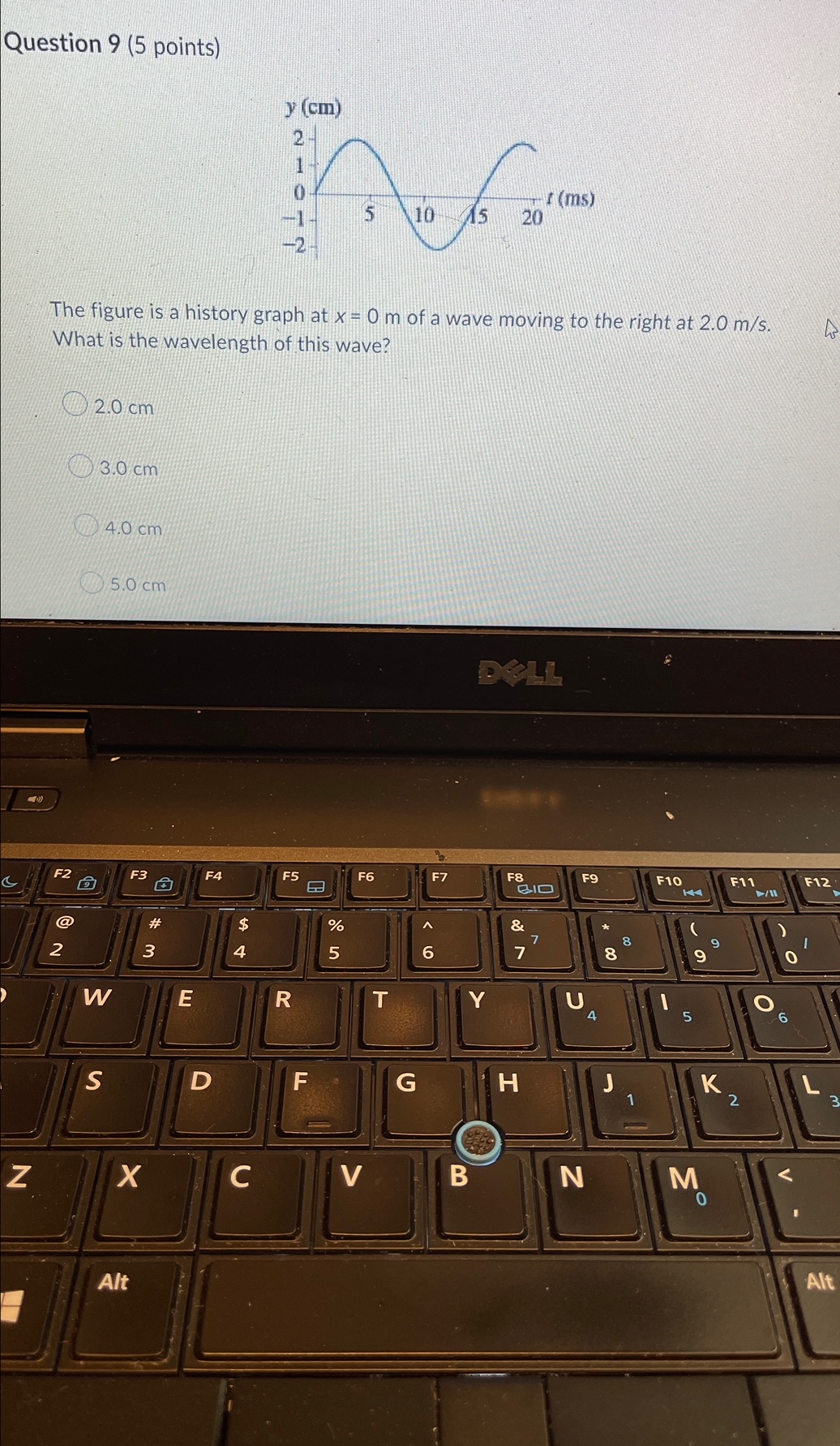 Question 9 (5 points) y (cm) The figure is a history graph