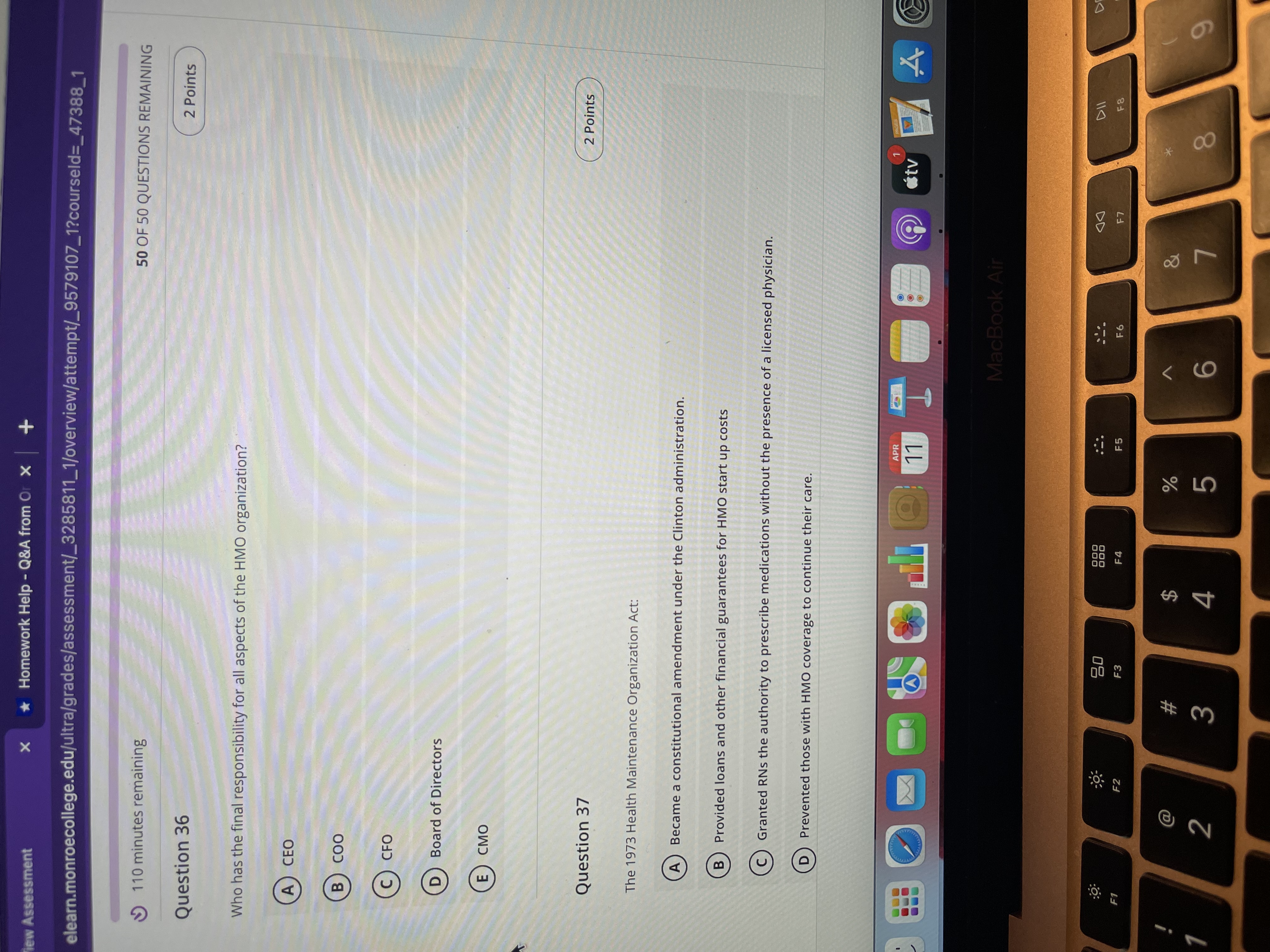 Homework Help - Q&A from Or x elearn.monroecollege.edu/ultra/grades/assessment/_3285811_1/overview/attempt/_9579107_1?courseld=_47388_1 110 minutes remaining 50