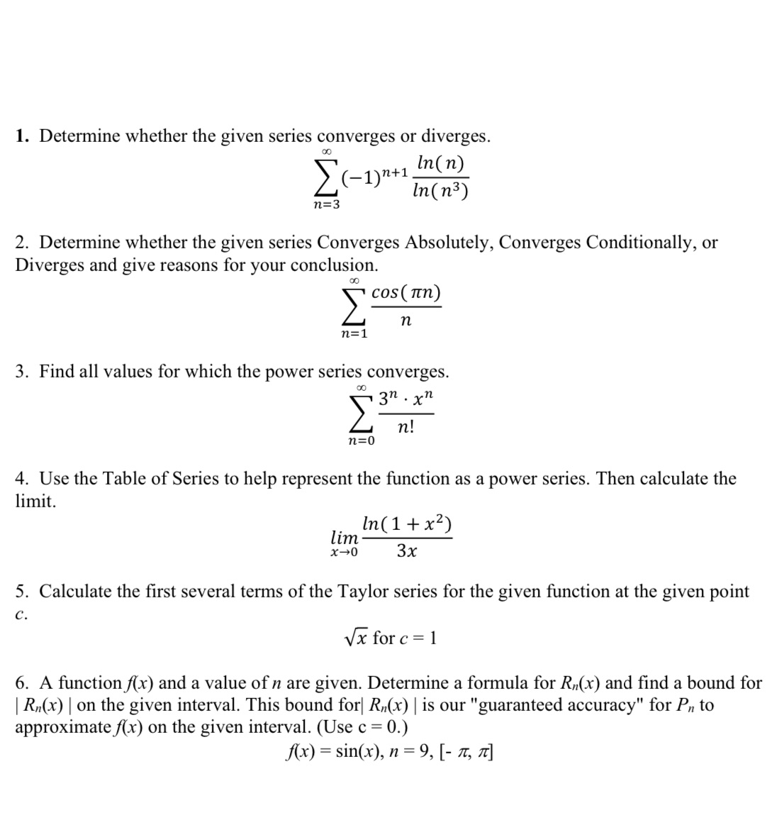 1. Determine whether the given series converges or diverges. E(-1)n+1 In(n)