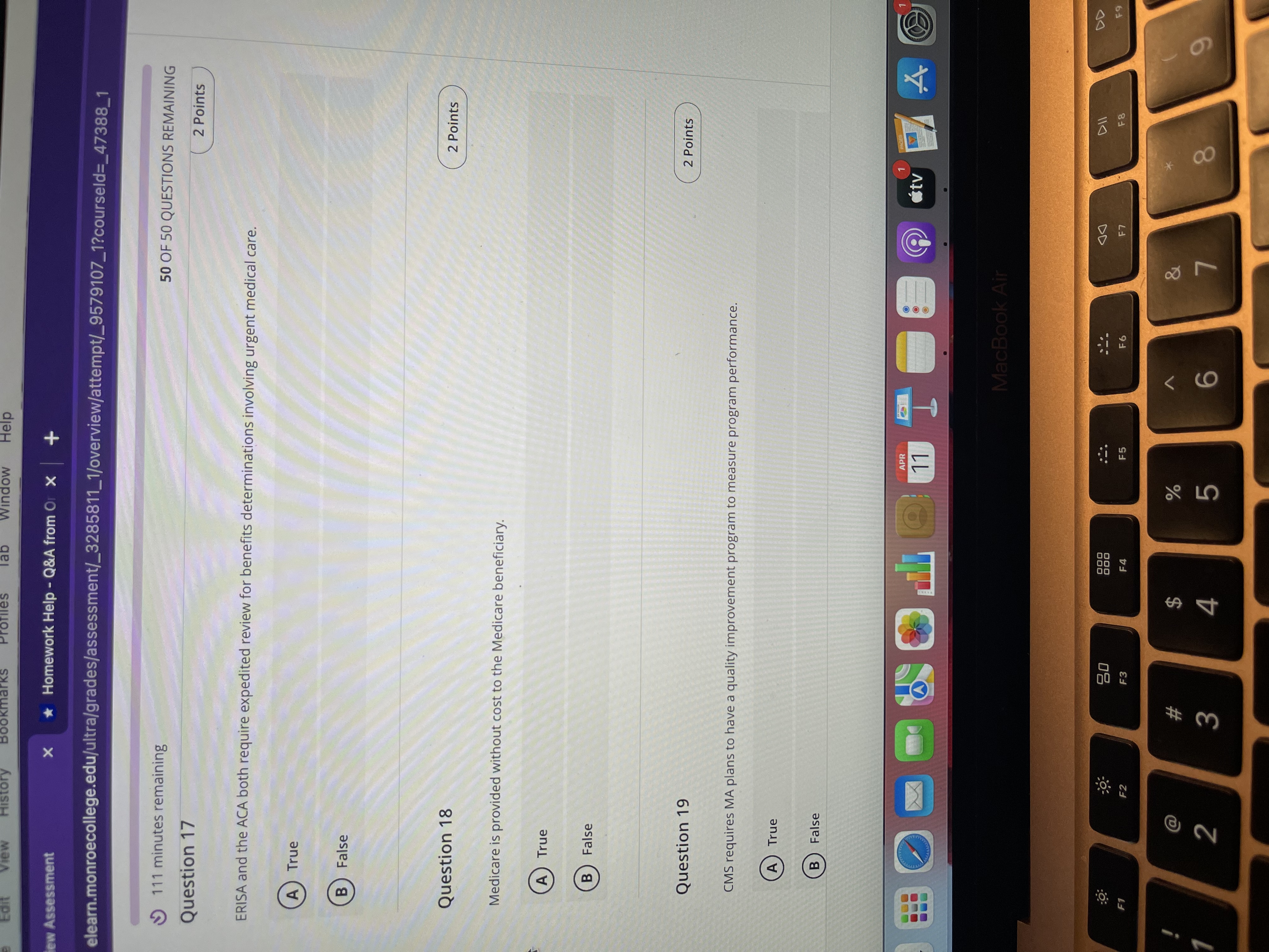 F 8 # $ % & W 4 5 6elearn.monroecollege.edu/ultra/grades/assessment/_3285811_1/overview/attempt/_9579107_1?courseld=_47388_1 110 minutes