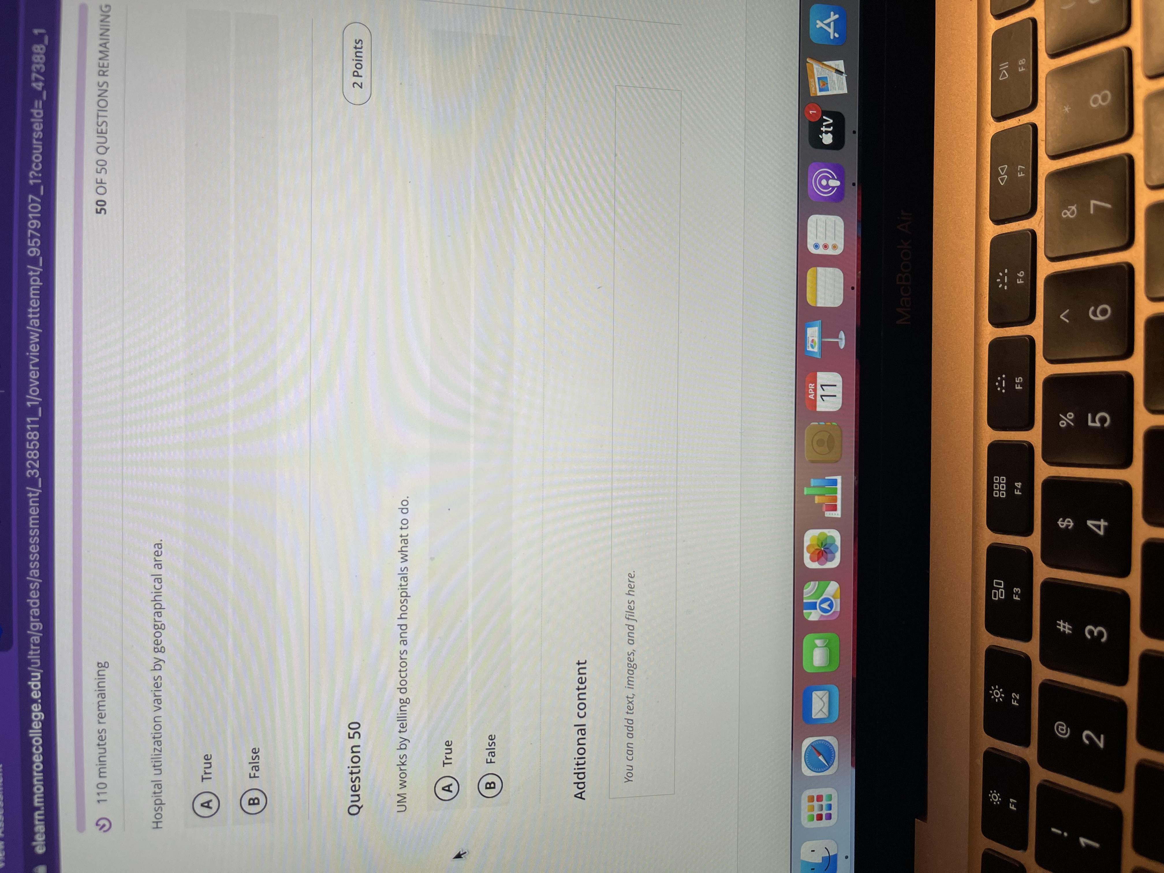 Or x elearn.monroecollege.edu/ultra/grades/assessment/_3285811_1/overview/attempt/_9579107_1?courseld=_47388_1 9 112 minutes remaining 50 OF 50 QUESTIONS REMAINING