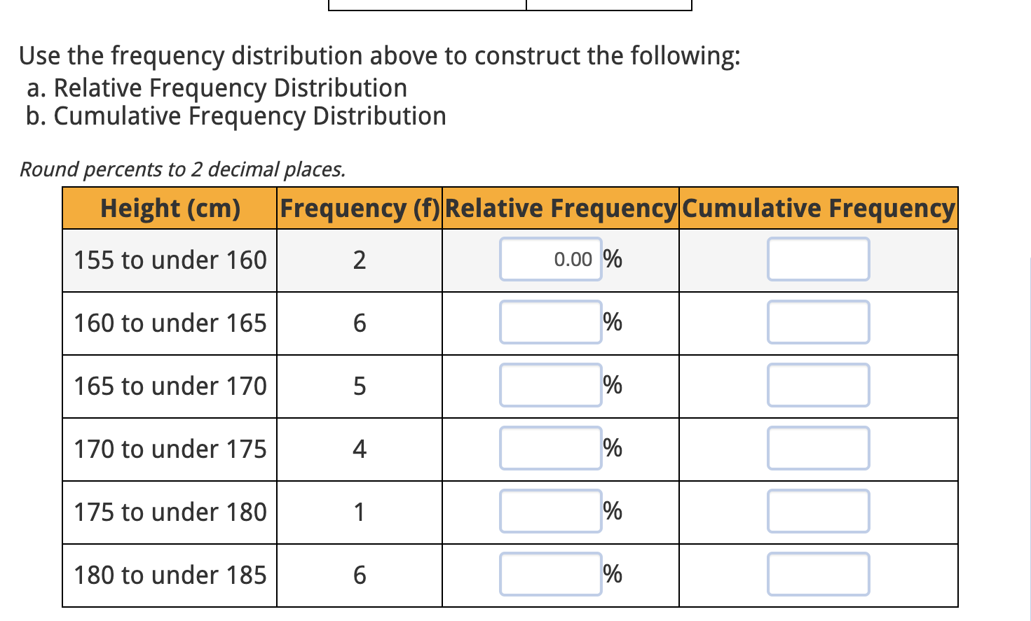 students at a college. 155 to under 160 160 to under 165