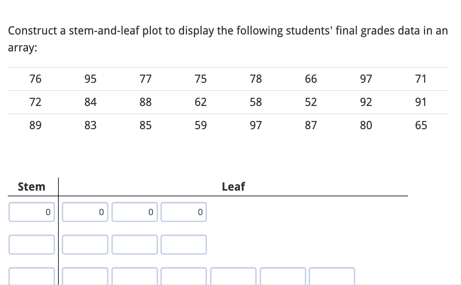 Construct a stem-and-leaf plot to display the following students' final grades