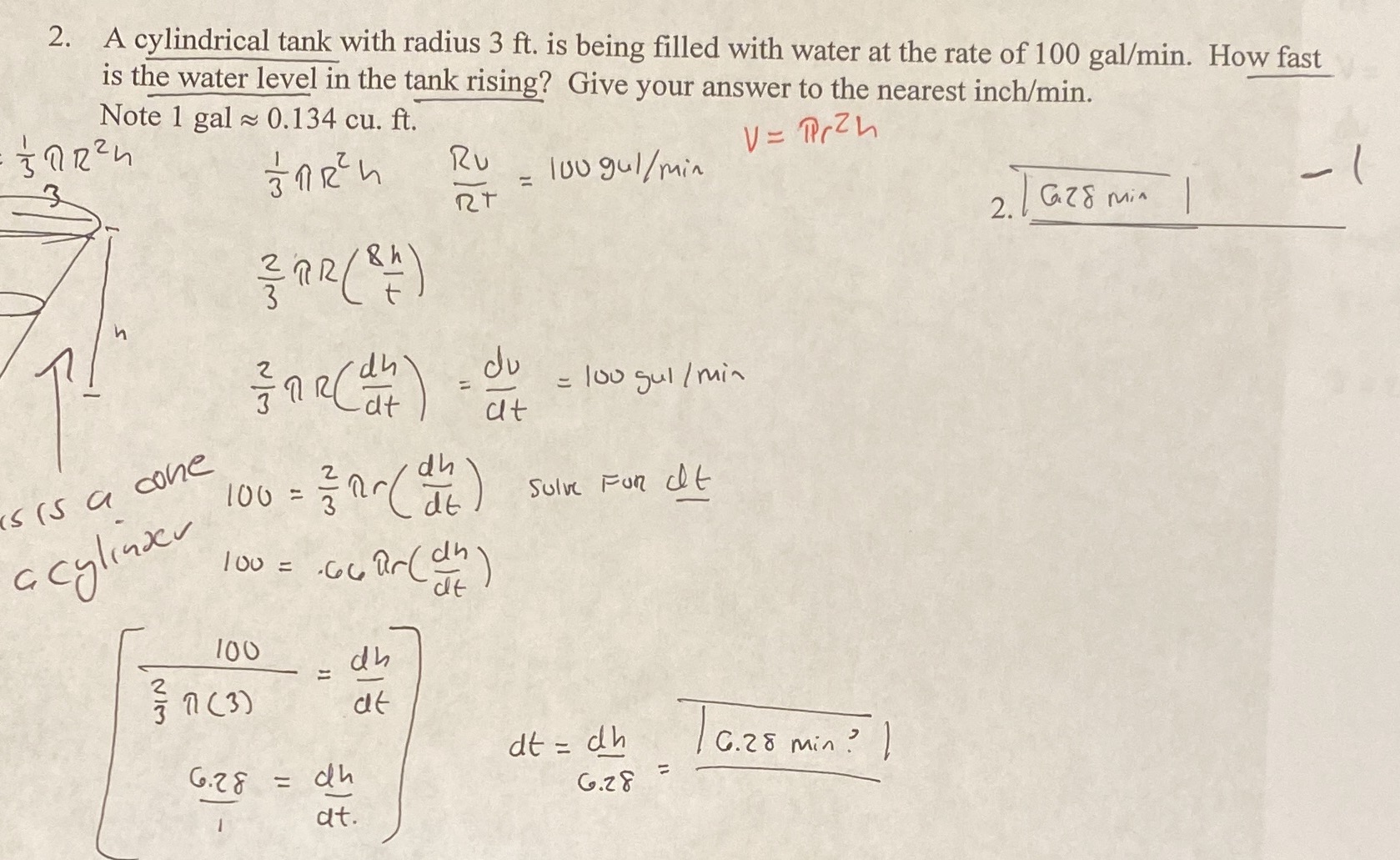 2. A cylindrical tank with radius 3 ft. is being filled