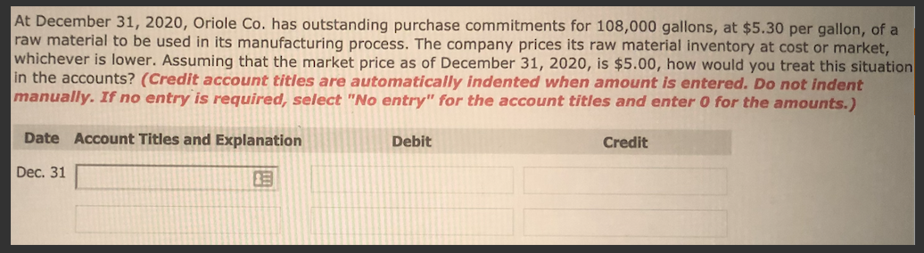 At December 31, 2020, Oriole Co. has outstanding purchase commitments for
