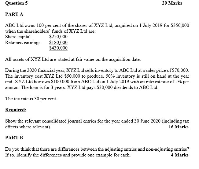  Question 5 20 Marks PART A ABC Ltd owns 100 per
