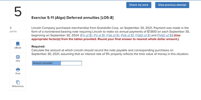  Check my work View previous attempt Exercise 5-11 (Algo) Deferred annuities