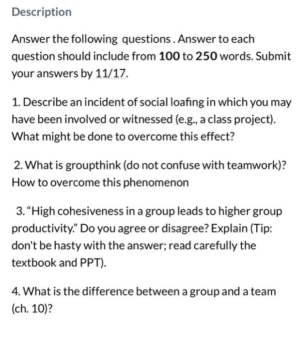 G 1 Description Answer the fol lowing questions . Answer to each