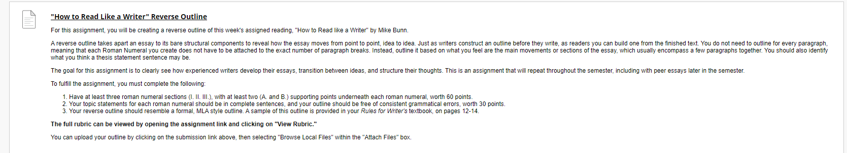 "How to Read Like a Writer" Reverse Outline For this assignment, you