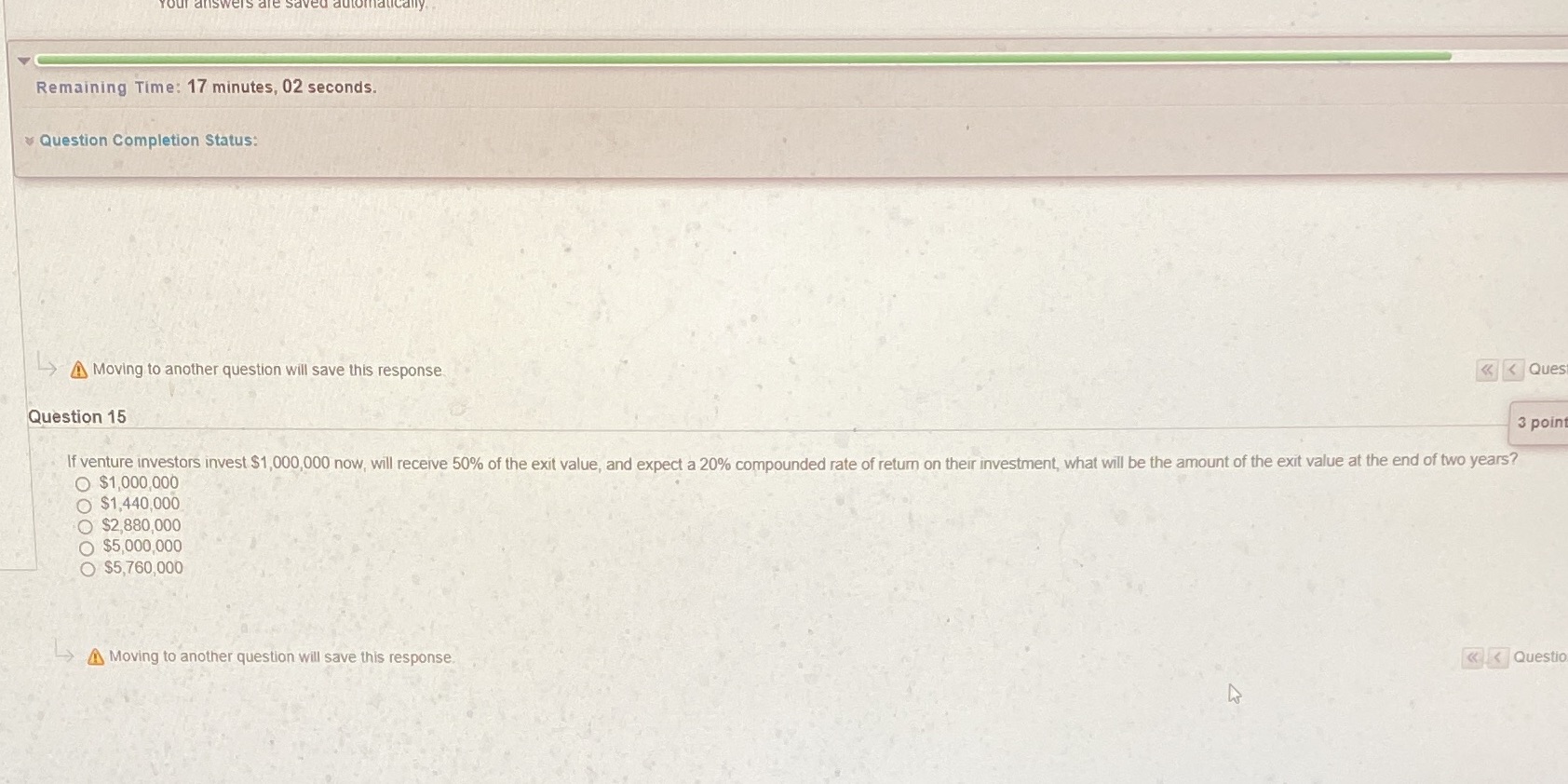 Remaining Time: 17 minutes, 02 seconds. v Question Completion Status: Moving to
