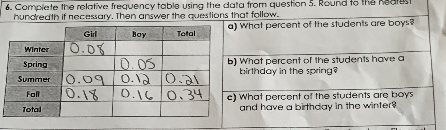 6. Complete the relative frequency table using the data from question