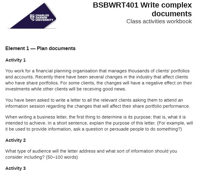  BSBWRT401 Write complex documents I _ E! ncawm J" U tin-mm