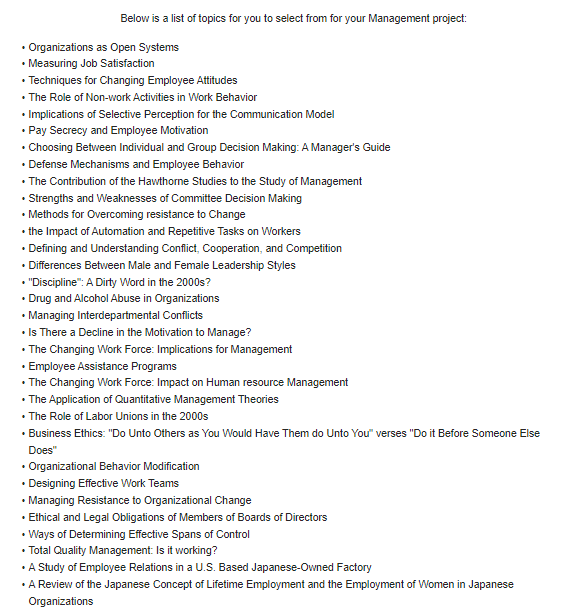 Management topic. The paper will be typed, double spaced and the content