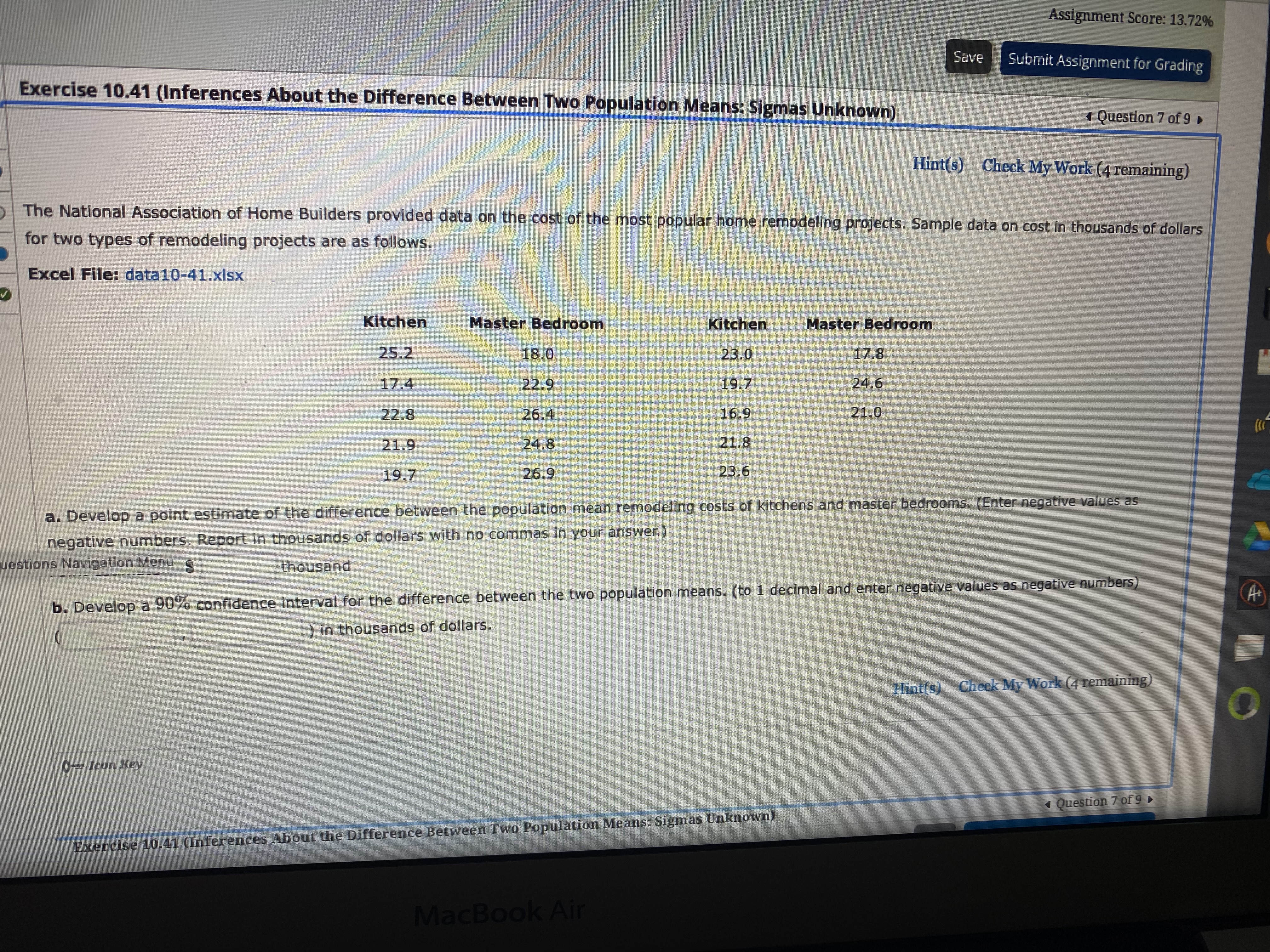  Assignment Score: 13.72% Save Submit Assignment for Grading Exercise 10.41 (Inferences