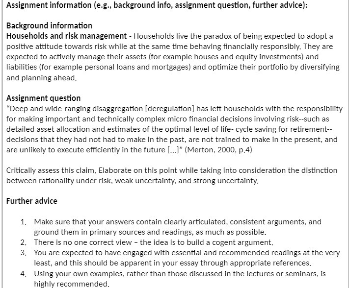  Assignment information [e.g., background info, assignment question, further advice}: Background information