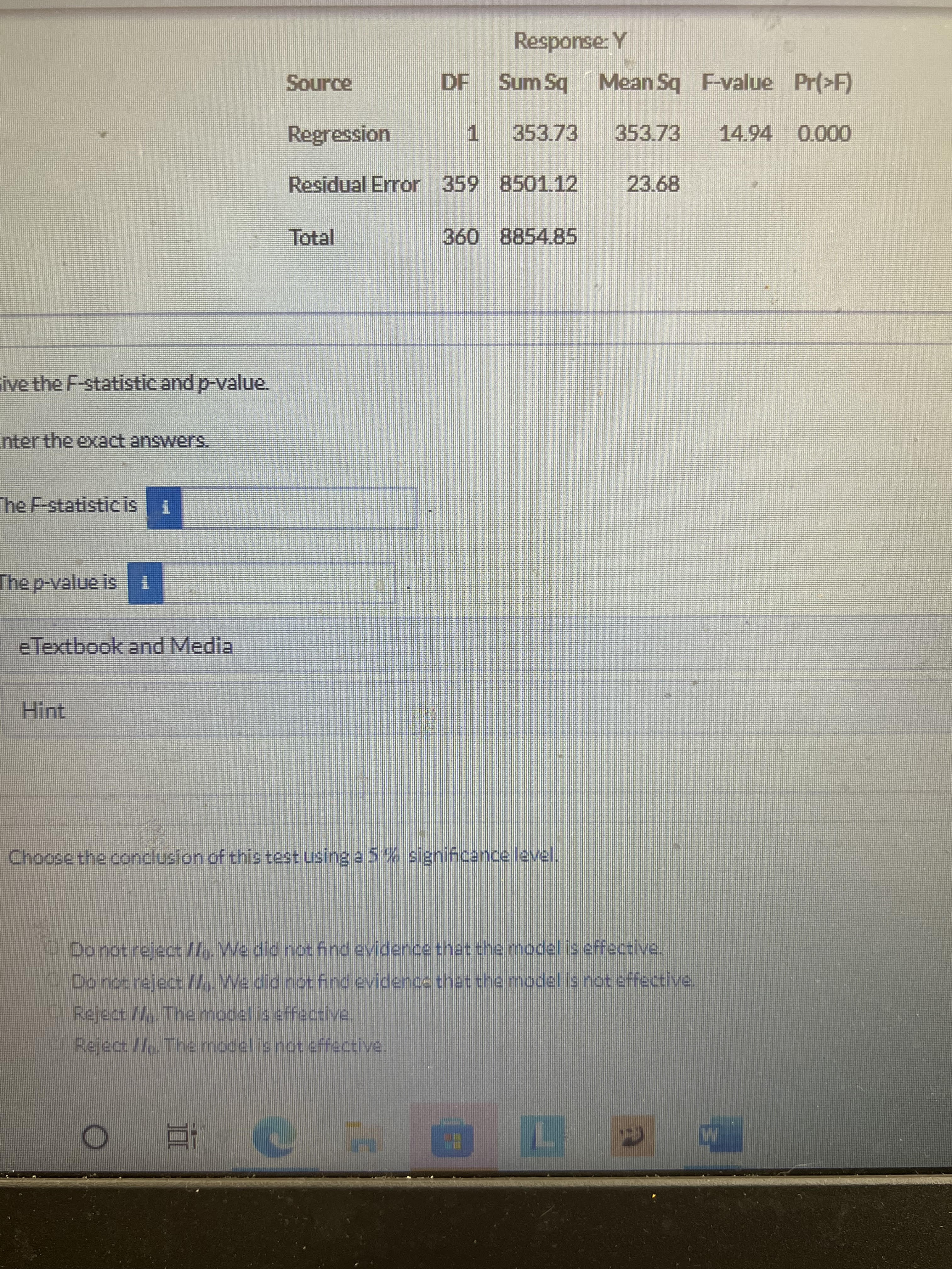  Response Y Source DF Sum Sq Mean Sq F-value Pr(>F) Regression