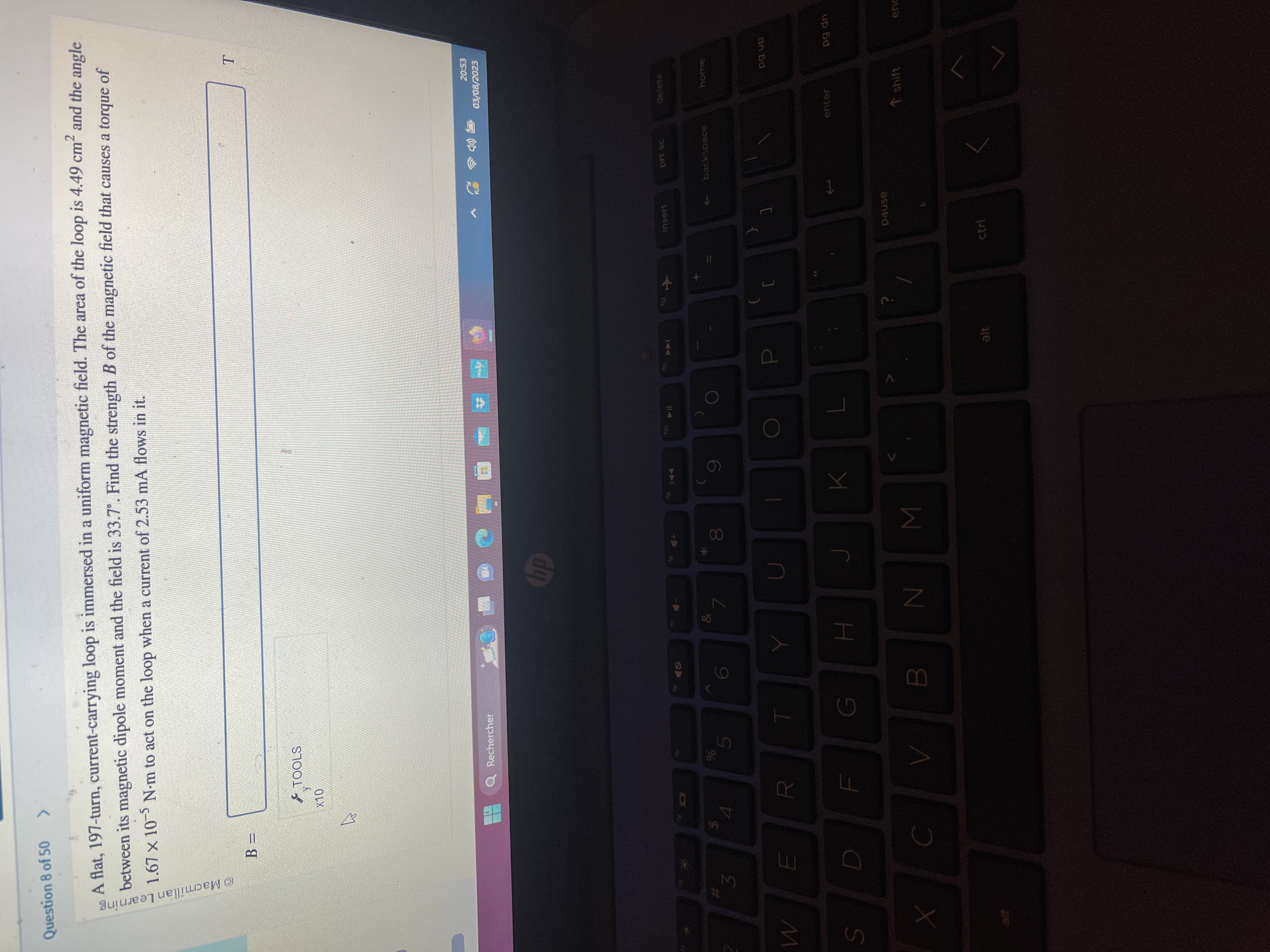  Question 8 of 50 > A flat, 197-turn, current-carrying loop is
