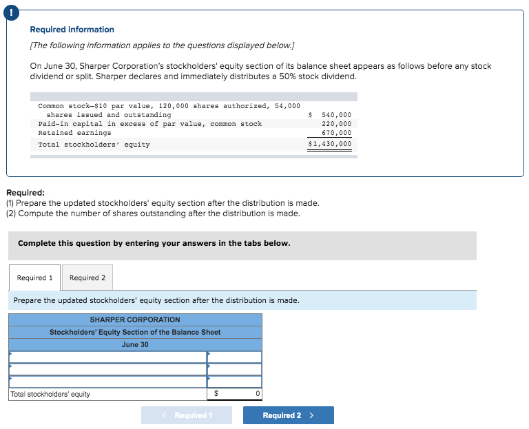 Required: (1) Prepare the updated stockholders' equity section after the distribution is