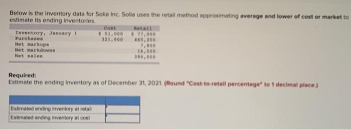 quick please Below is the inventory data for Solla Inc Solla uses