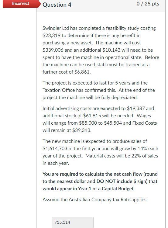  Incorrect Question 4 0 / 25 pts Swindler Ltd has completed