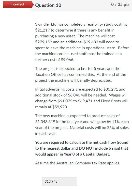  Incorrect Question 10 0 / 25 pts Swindler Ltd has completed