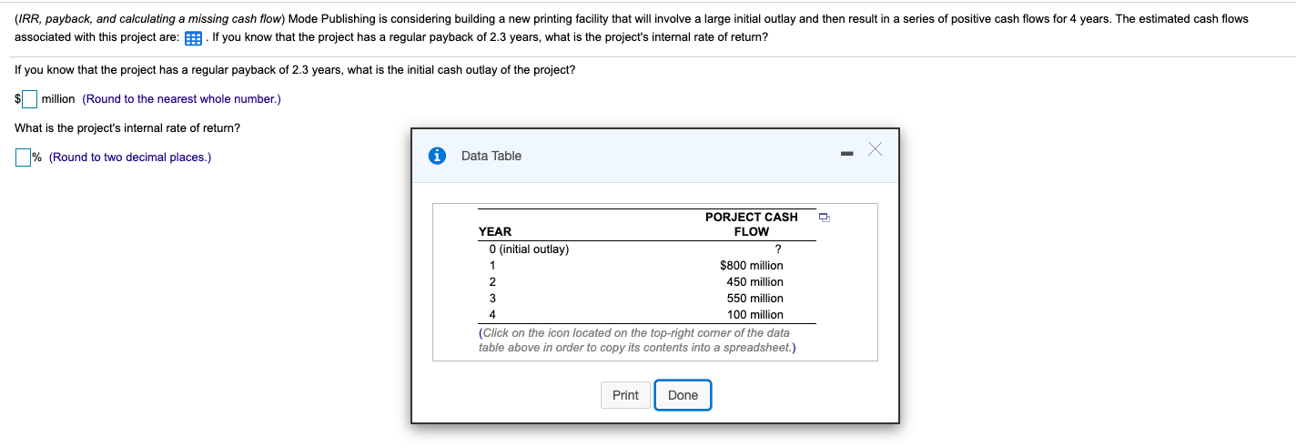  (IRR, payback, and calculating a missing cash flow) Mode Publishing is
