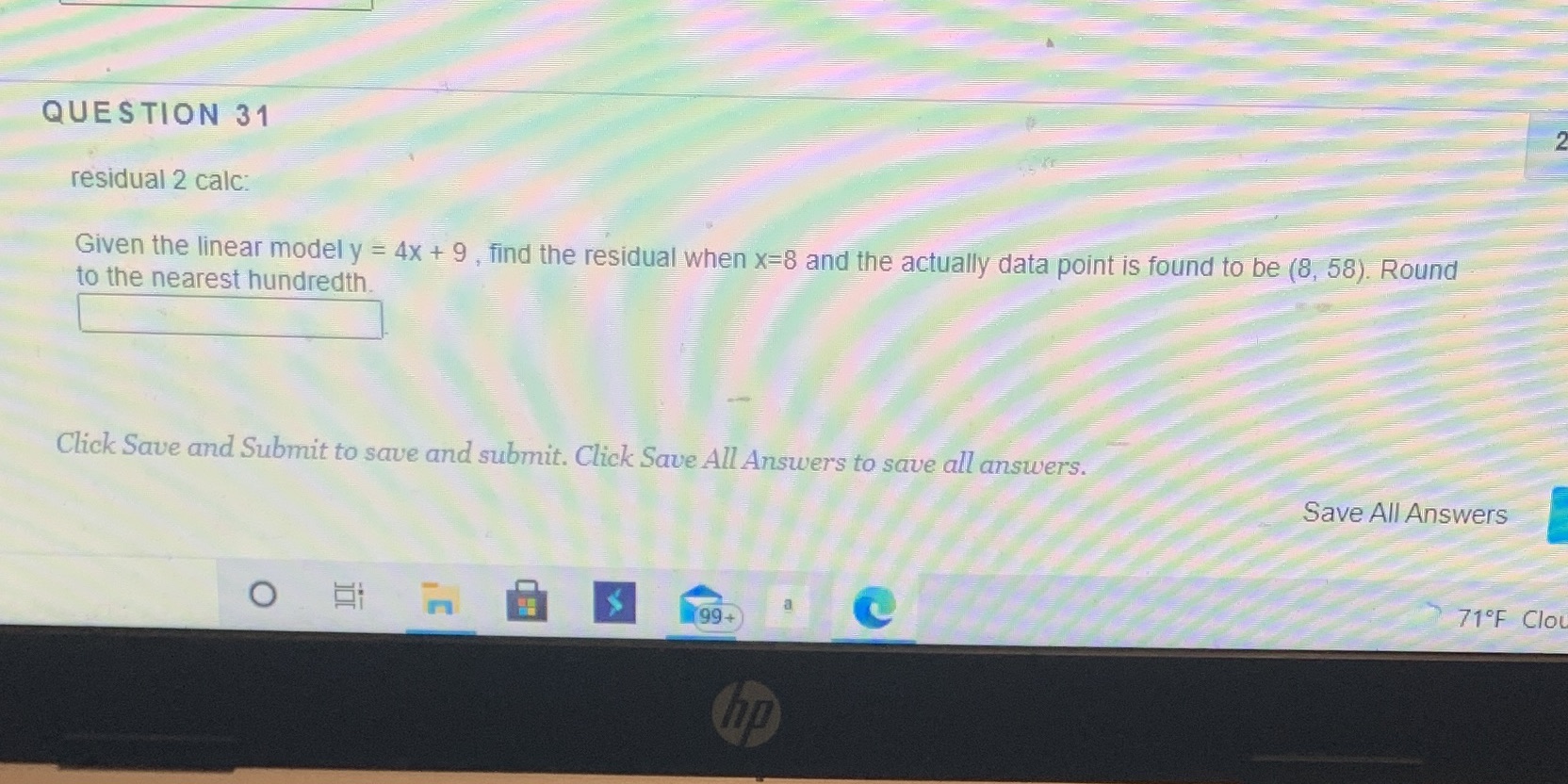 QUESTION 31 residual 2 calc: Given the linear model y =