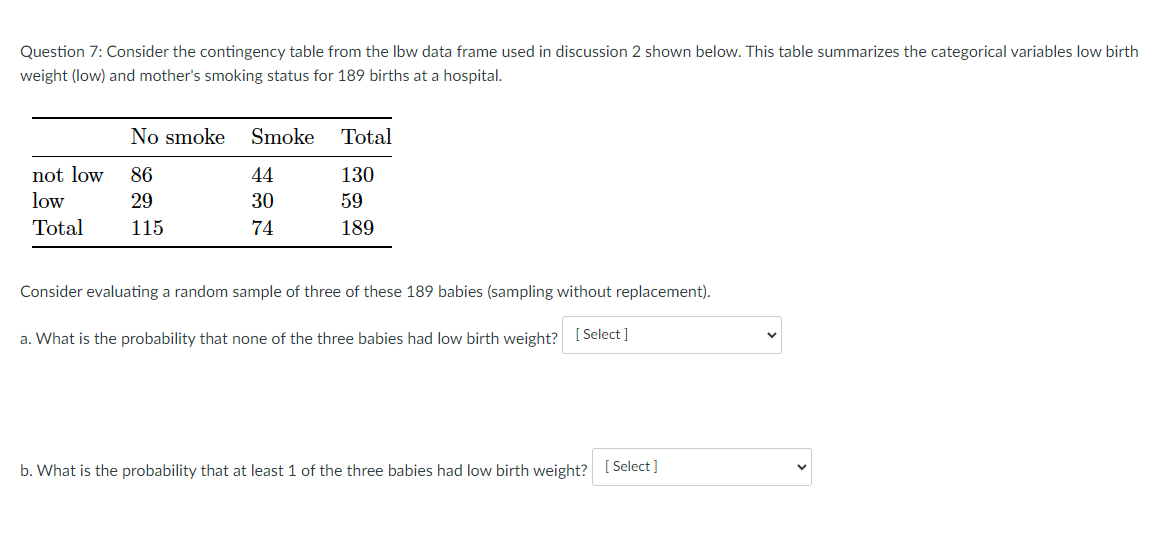  Question 7: Consider the contingency table from the lbw data frame