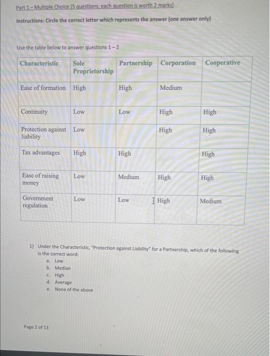 Part 1 - Multiple Choice (5 questions; each question is worth