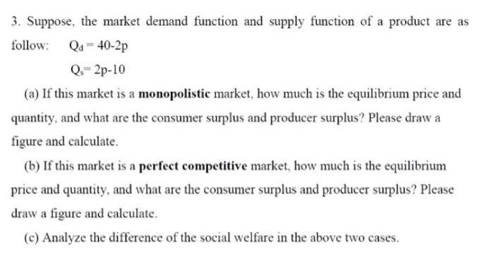 3. Suppose, the market demand function and supply function of a