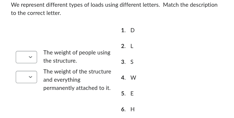  We represent different types of loads using different letters. Match the