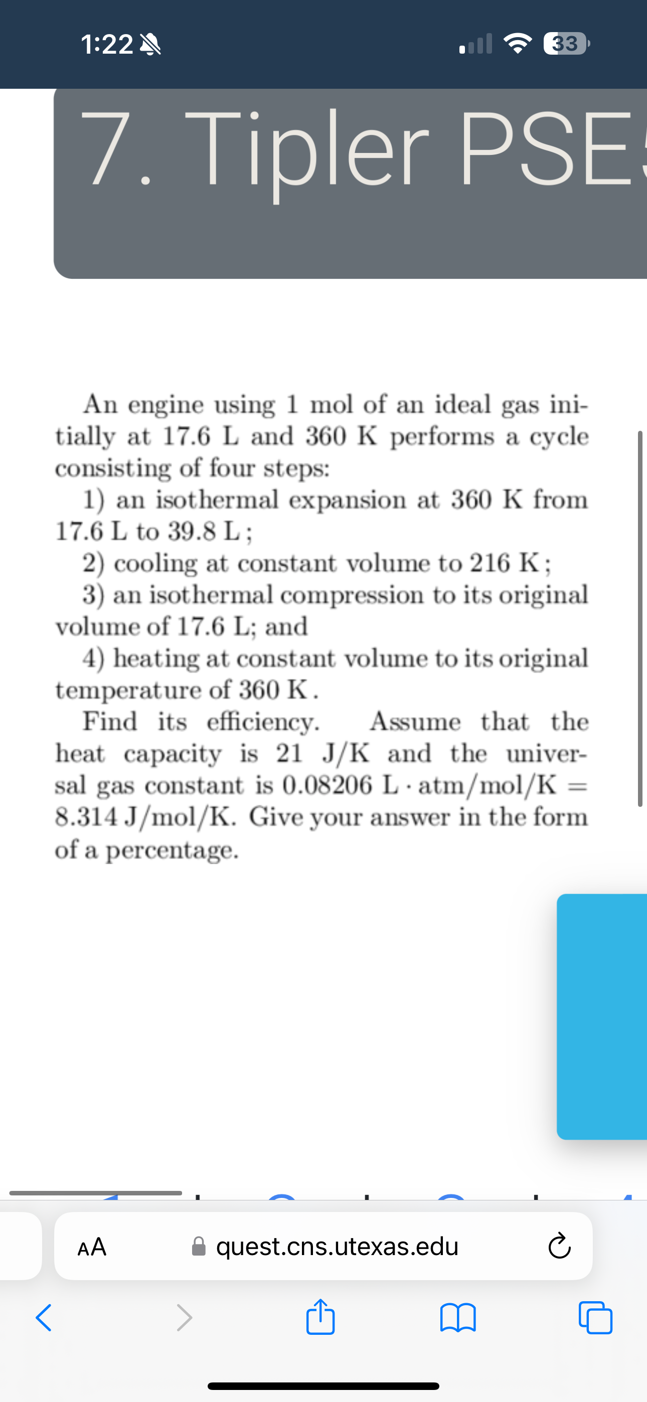  1:22 X 33 7. Tipler PSE An engine using 1 mol